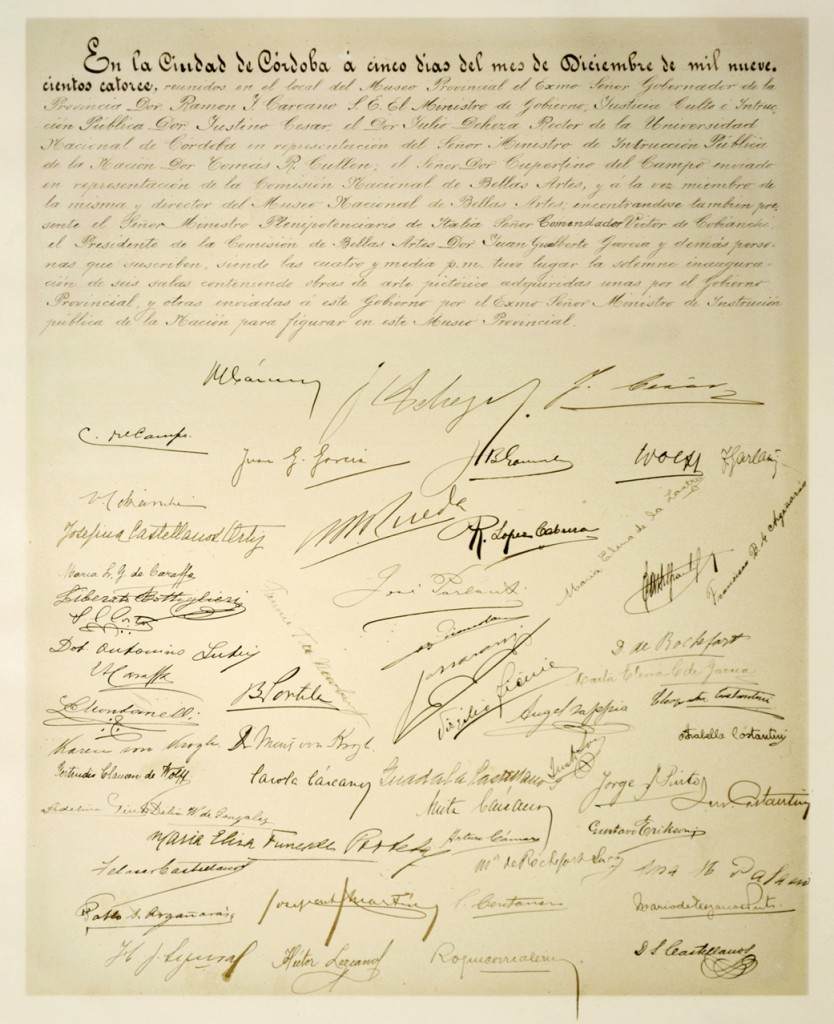 Acta inaugural de las Salas de Pintura del Museo Provincial (el documento original se conserva en el Museo Caraffa)